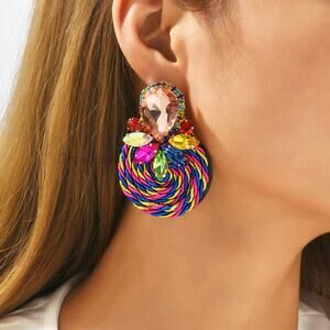 Multicolor Ethnic‎ Boho Rhinestone Statement Earrings with Gold Wrap Acce…